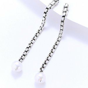 John Hardy JAI Pearl Box Chain Sterling Silver Earrings 2-1/2" NIB